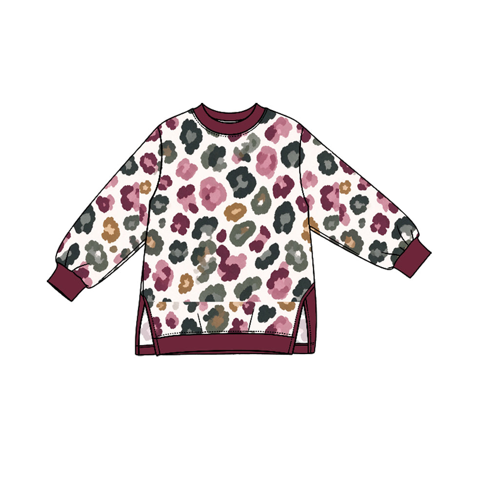 Preorder (moq 5) GT1954 Baby Girl Clothes Watercolor Floral Leopard Print Long Sleeve Side Slit Tunic Top