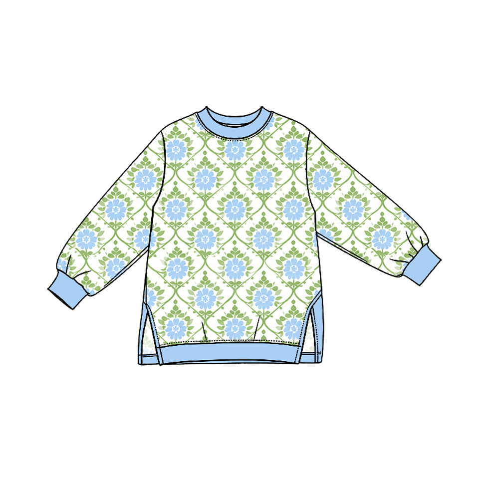 Preorder (moq 5) GT1960 Baby Girl Clothes Vintage Floral Print Long Sleeve Side Slit Tunic Sweatshirt