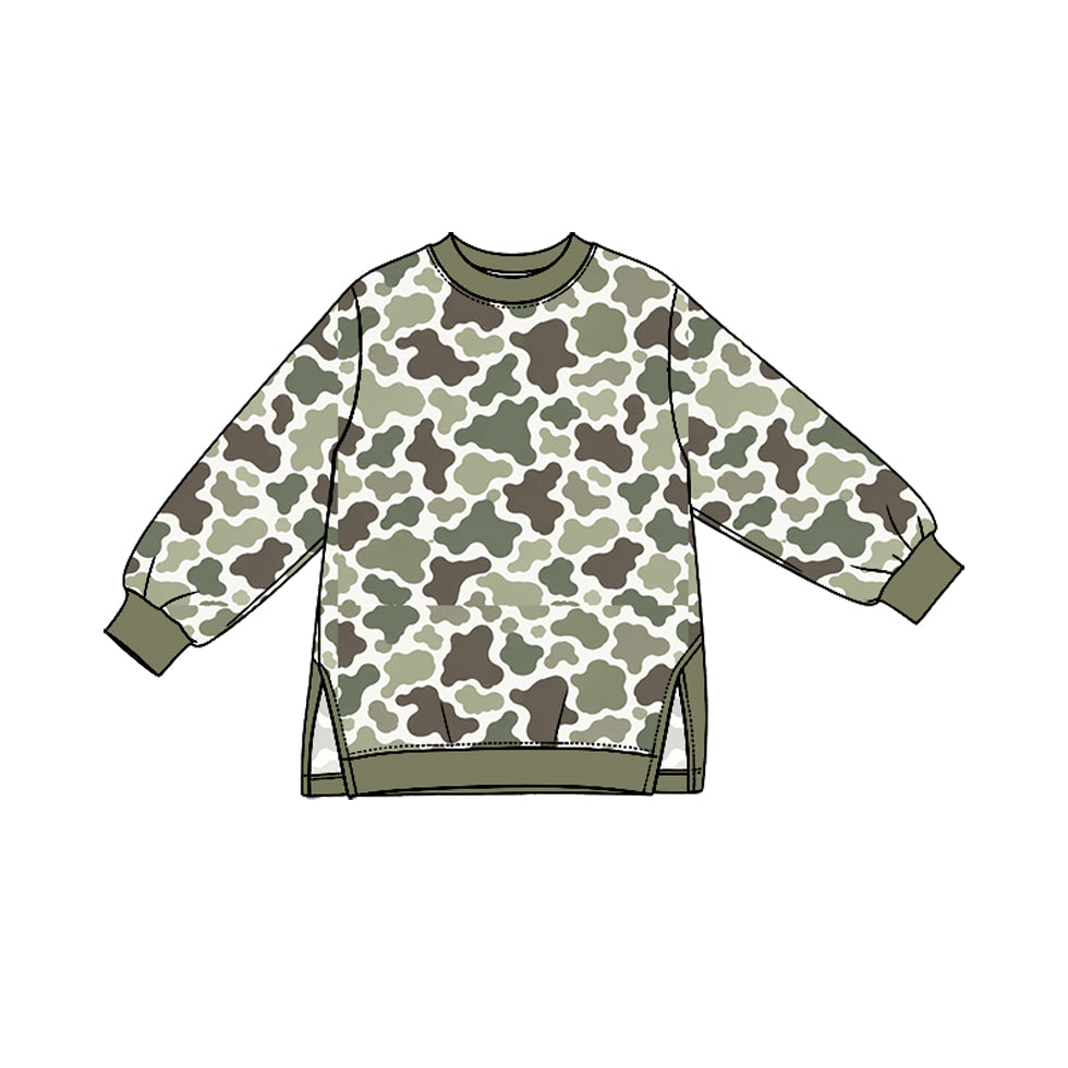 Preorder (moq 5) GT1962 Baby Boy Clothes Green Camo Print Long Sleeve Side Slit Tunic Sweatshirt