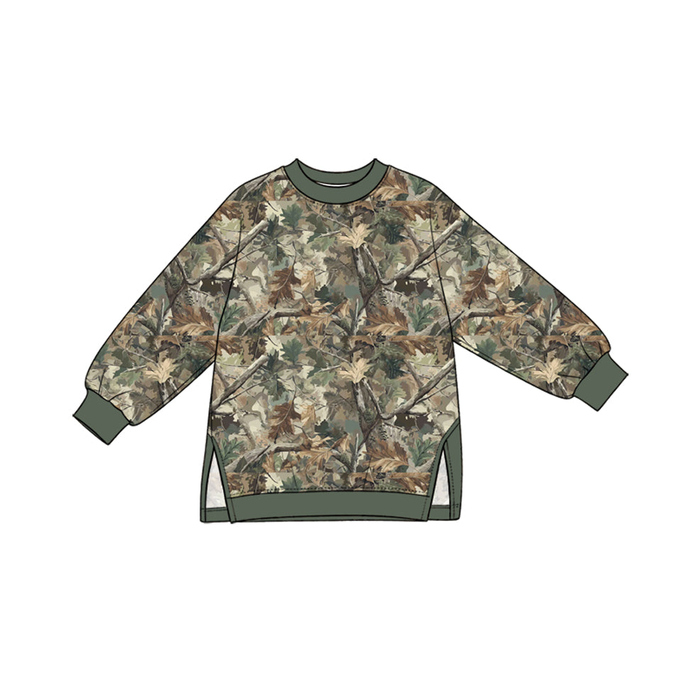 Preorder (moq 5) GT1963 Baby Clothes Green Leaf Camo Print Long Sleeve Side Slit Tunic Top