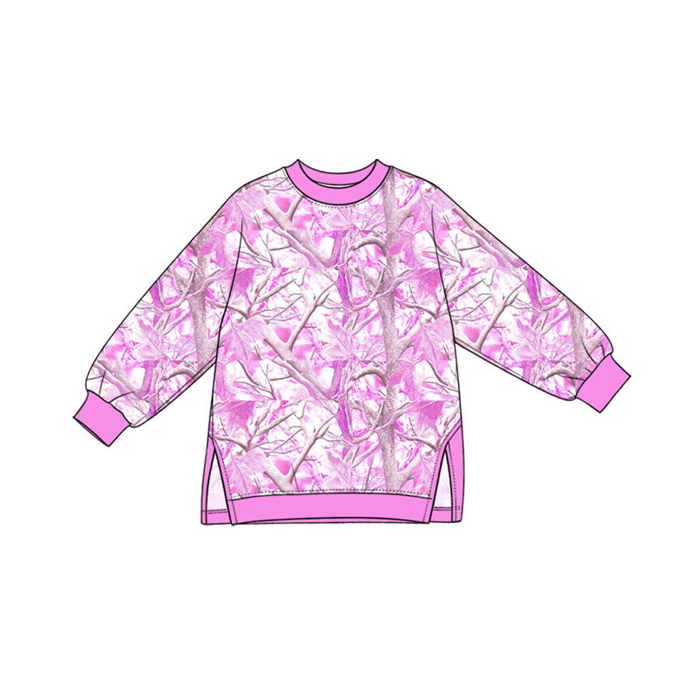 Preorder (moq 5) GT1964 Baby Clothes Pink Tree Camo Print Long Sleeve Side Slit Tunic Top