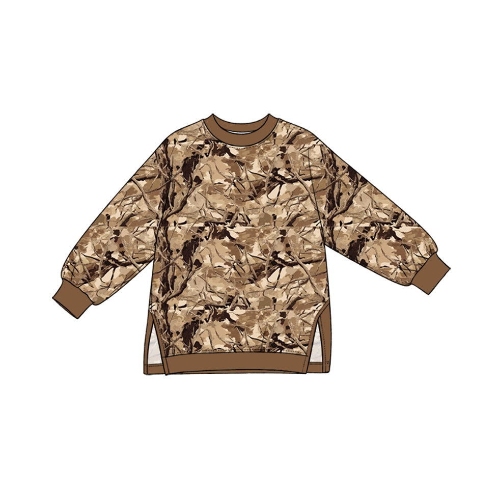 Preorder (moq 5) GT1965 Baby Clothes Desert Brown Leaf Camo Print Long Sleeve Side Slit Tunic Top