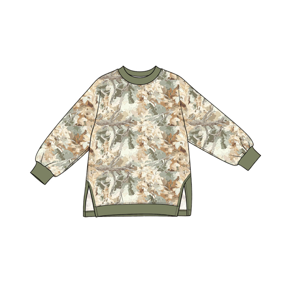 Preorder (moq 5) GT1966 Baby Clothes Light Khaki Leaf Camo Print Long Sleeve Side Slit Tunic Top