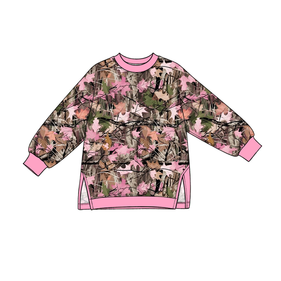 Preorder (moq 5) GT1967 Baby Clothes Pink Maple Leaf Camo Print Long Sleeve Side Slit Tunic Top