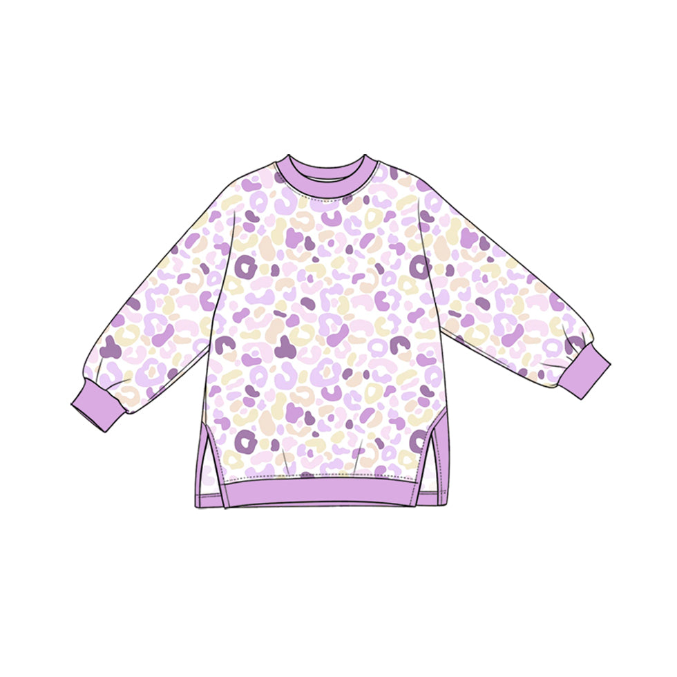Preorder (moq 5) GT1968 Baby Girl Clothes Purple Pastel Leopard Print Long Sleeve Side Slit Tunic Top