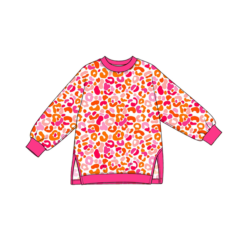 Preorder (moq 5) GT1969 Baby Girl Clothes Orange Pink Leopard Print Long Sleeve Side Slit Tunic Top