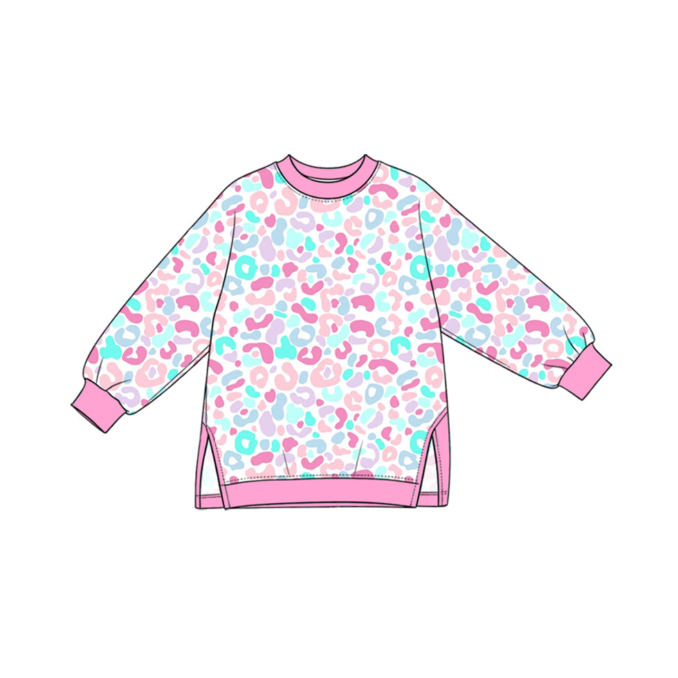 Preorder (moq 5) GT1970 Baby Girl Clothes Mint Pastel Leopard Print Long Sleeve Side Slit Tunic Top