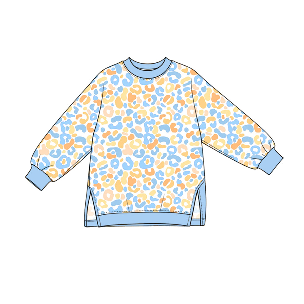 Preorder (moq 5) GT1971 Baby Girl Clothes Blue Yellow Leopard Print Long Sleeve Side Slit Tunic Top