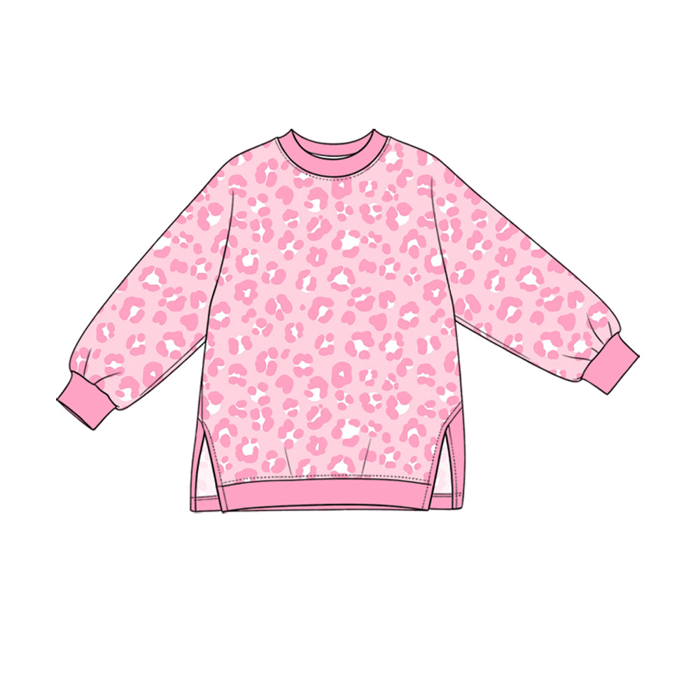 Preorder (moq 5) GT1972 Baby Girl Clothes Pink White Leopard Print Long Sleeve Side Slit Tunic Top
