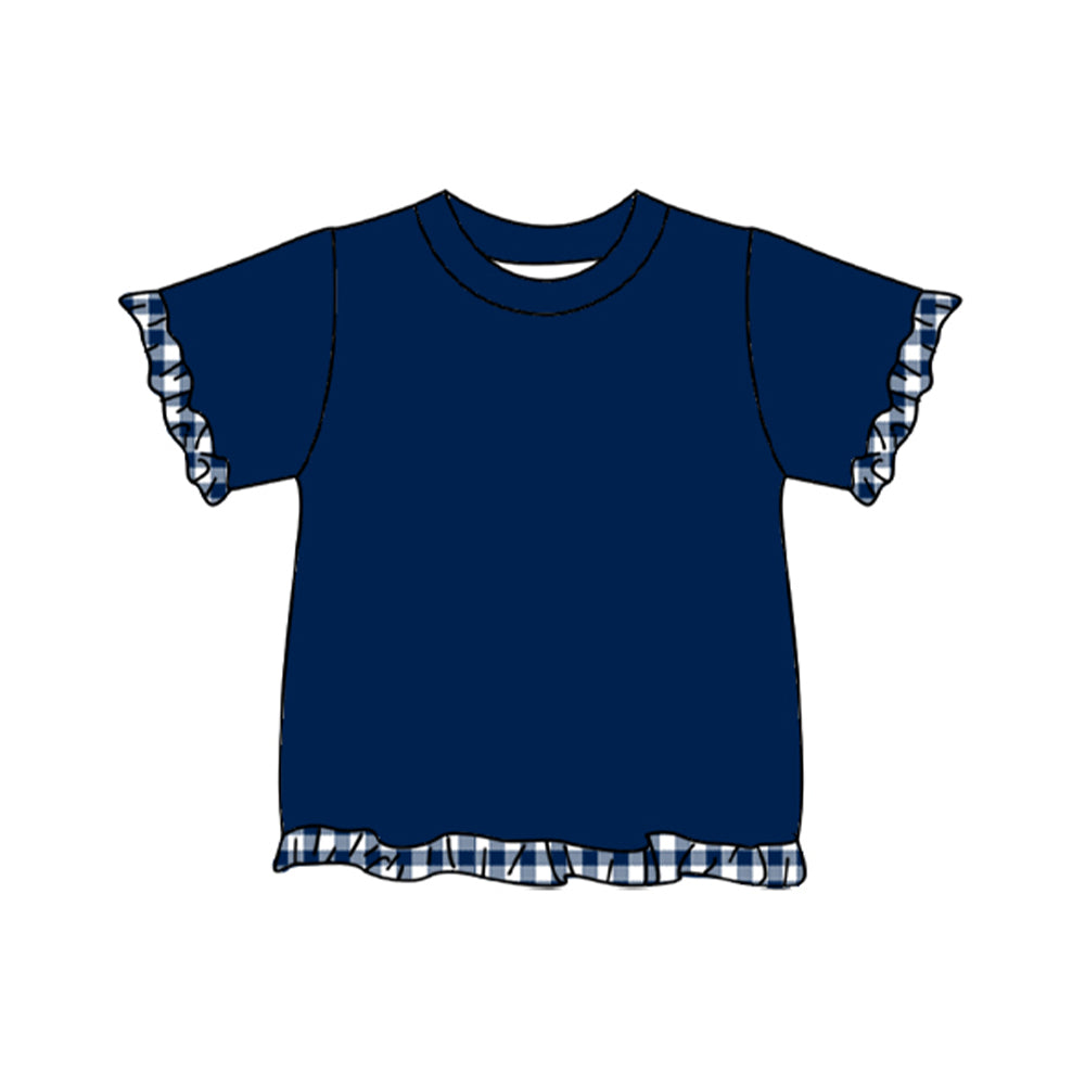 Preorder (moq 5) GT1974 Baby Girl Clothes Solid Navy Ruffle Trim Short Sleeve Tee Shirt Top