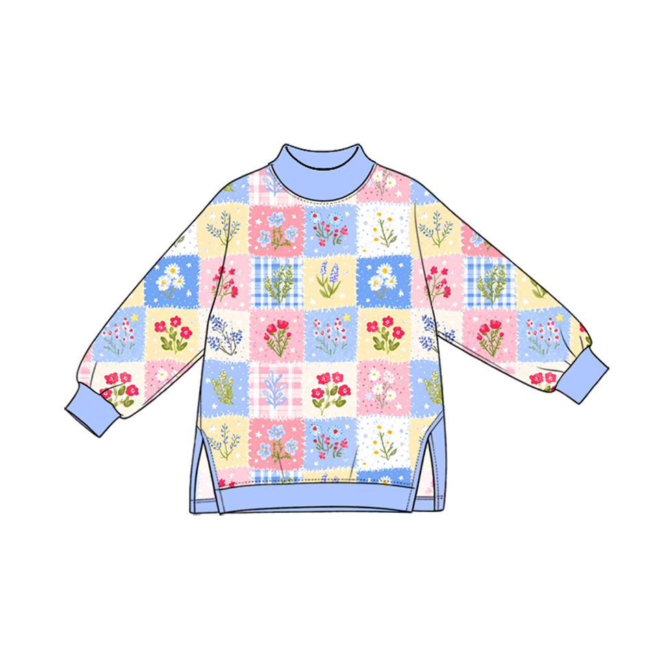 Preorder (moq 5) GT1982 Baby Girl Clothes Plaid Floral Block Print Long Sleeve Yoga Top