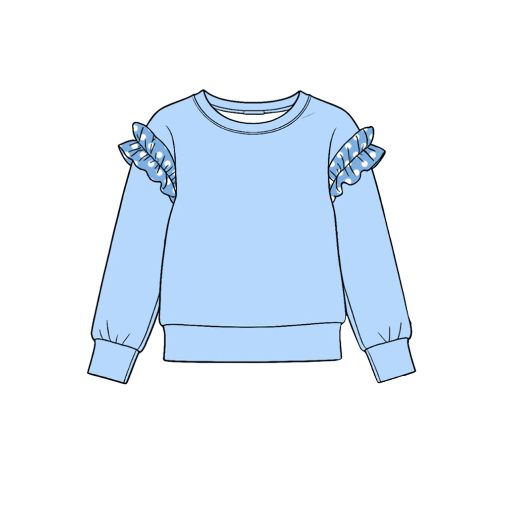 Preorder (moq 5) GT1985 Baby Girl Clothes Blue Gingham Ruffle Sleeve Print Long Sleeve Tee Top