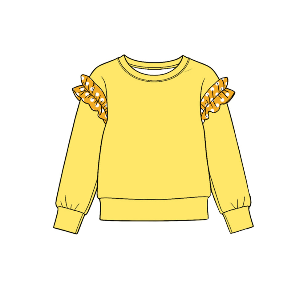 Preorder (moq 5) GT1986 Baby Girl Clothes Yellow Plaid Ruffle Sleeve Print Long Sleeve Tee Top