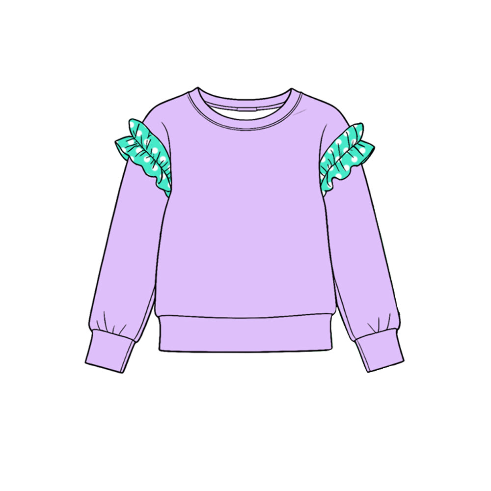 Preorder (moq 5) GT1987 Baby Girl Clothes Purple Green Plaid Ruffle Sleeve Print Long Sleeve Tee Top
