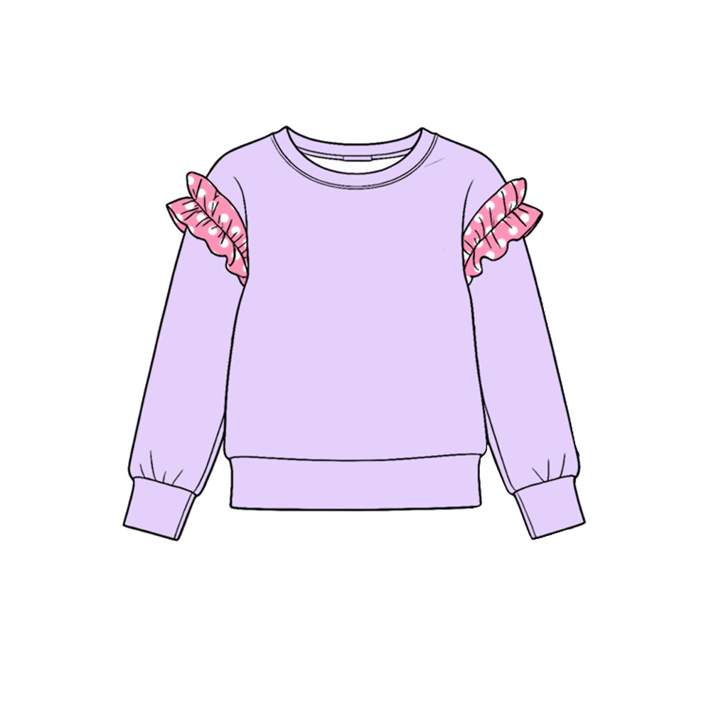 Preorder (moq 5) GT1988 Baby Girl Clothes Light Purple Pink Plaid Ruffle Sleeve Print Long Sleeve Tee Top