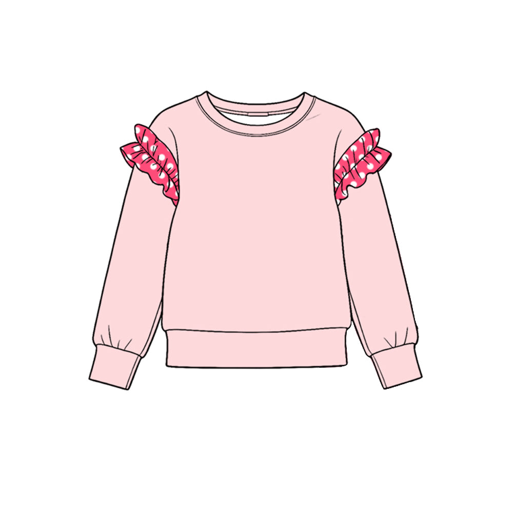 Preorder (moq 5) GT1989 Baby Girl Clothes Pink Red Plaid Ruffle Sleeve Print Long Sleeve Tee Top