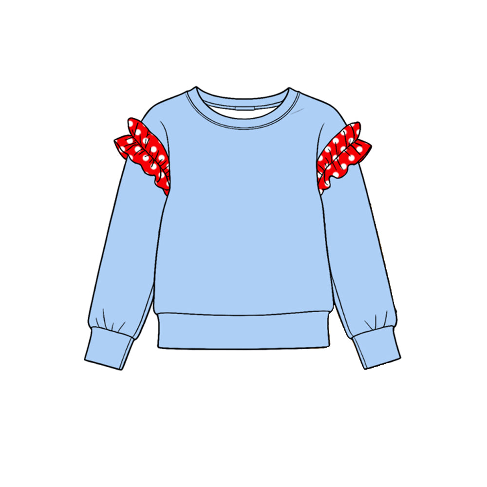 Preorder (moq 5) GT1990 Baby Girl Clothes Light Blue Red Gingham Ruffle Sleeve Print Long Sleeve Tee Top