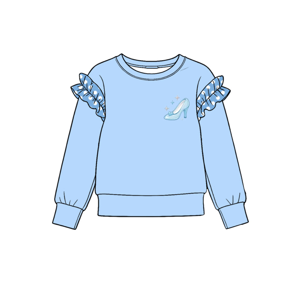 Preorder (moq 5) GT1991 Baby Girl Clothes Blue Gingham Ruffle Sleeve Embroidery Print Long Sleeve Tee Top