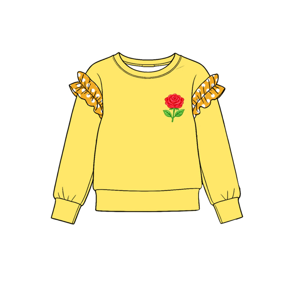 Preorder (moq 5) GT1992 Baby Girl Clothes Yellow Plaid Ruffle Sleeve Rose Embroidery Print Long Sleeve Tee Top