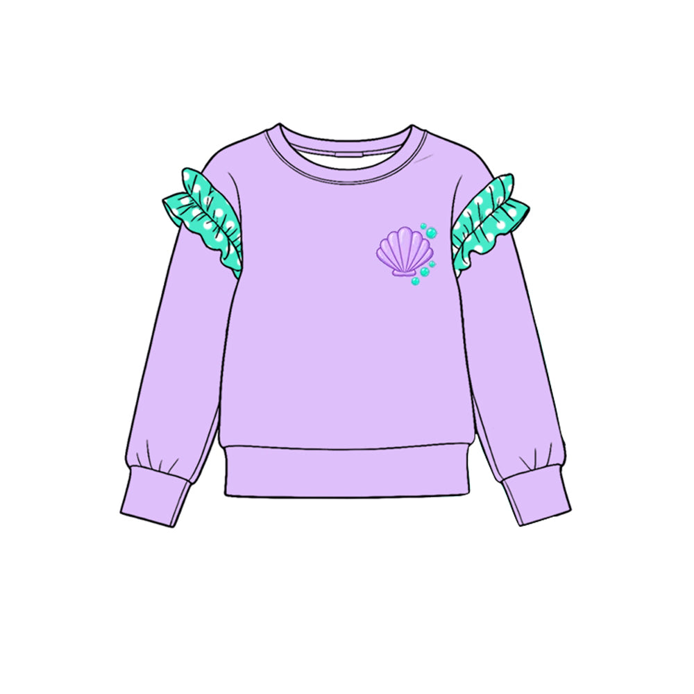 Preorder (moq 5) GT1993 Baby Girl Clothes Purple Green Plaid Ruffle Sleeve Flower Embroidery Print Long Sleeve Tee Top