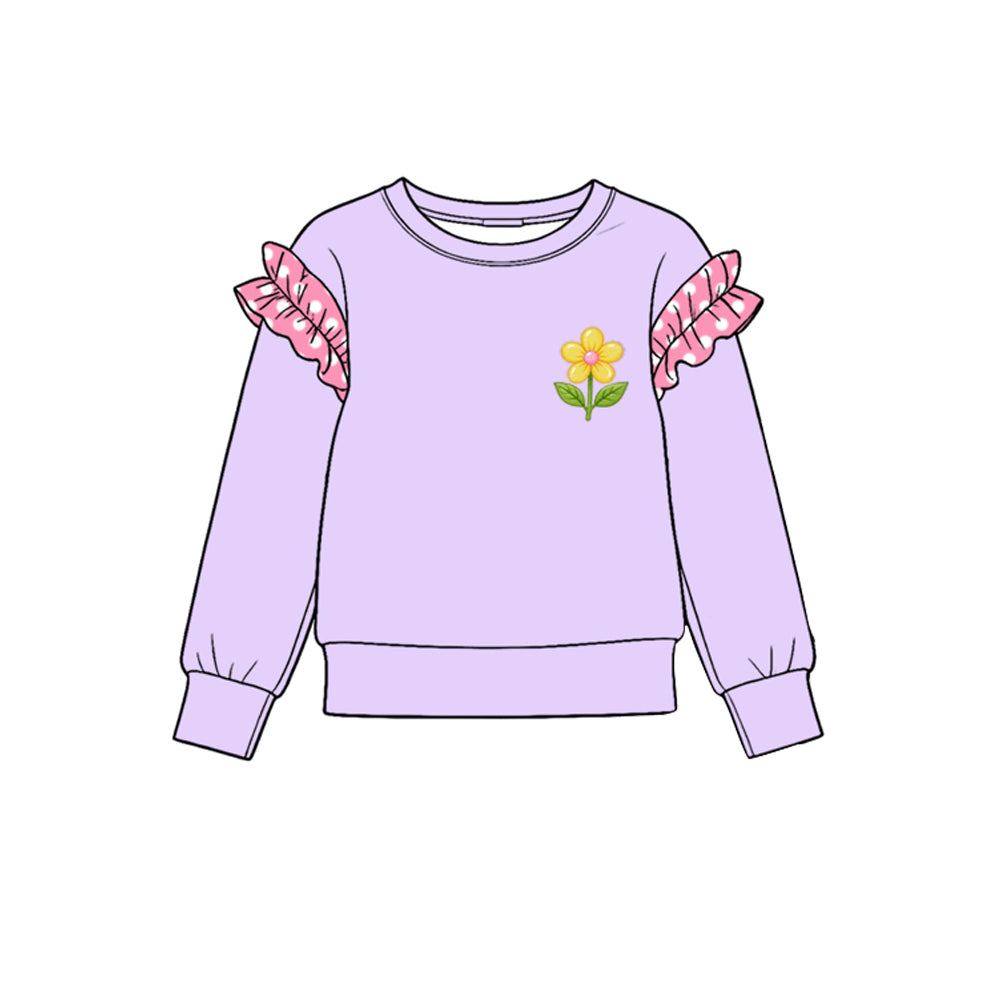 Preorder (moq 5) GT1994 Baby Girl Clothes Light Purple Pink Plaid Ruffle Sleeve Sunflower Embroidery Print Long Sleeve Tee Top