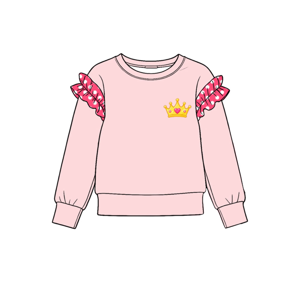 Preorder (moq 5) GT1995 Baby Girl Clothes Pink Red Plaid Ruffle Sleeve Crown Embroidery Print Long Sleeve Tee Top