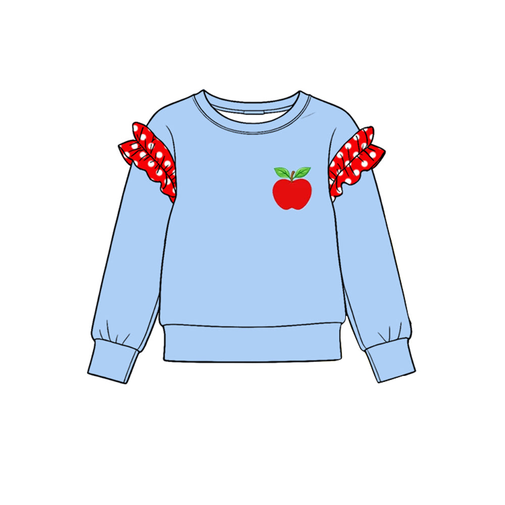 Preorder (moq 5) GT1996 Baby Girl Clothes Light Blue Red Gingham Ruffle Sleeve Apple Embroidery Print Long Sleeve Tee Top
