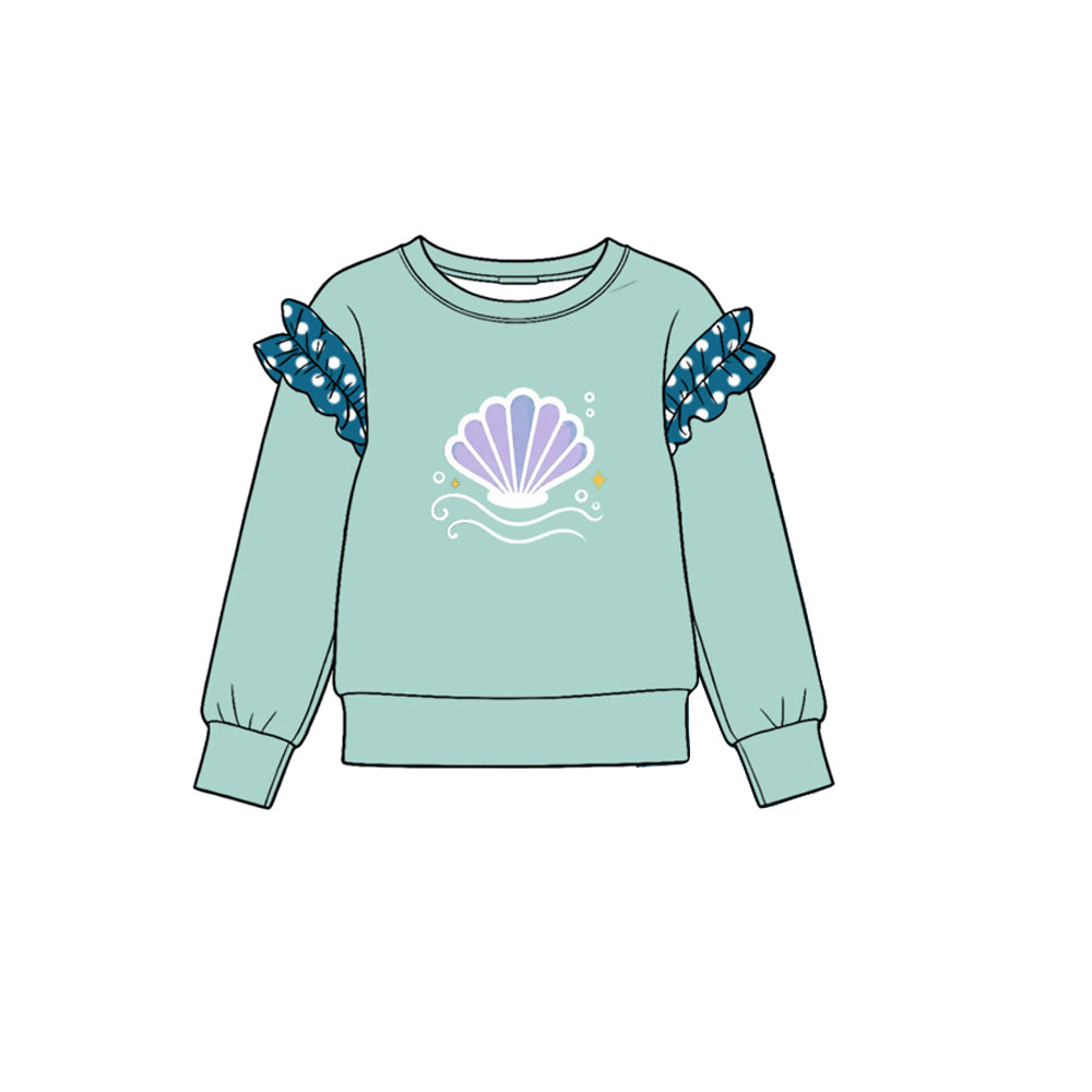 Preorder (moq 5) GT2003 Baby Girl Clothes Seashell Graphic Print Long Sleeve Ruffle Accent Top