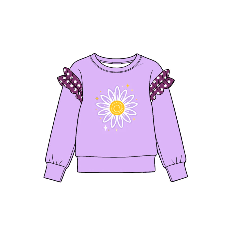 Preorder (moq 5) GT2004 Baby Girl Clothes Sunflower Graphic Print Long Sleeve Ruffle Accent Top