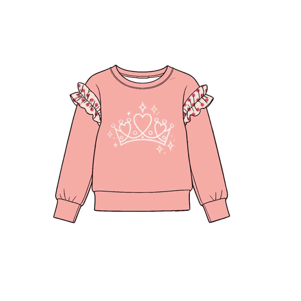 Preorder (moq 5) GT2006 Baby Girl Clothes Crown Glitter Graphic Print Long Sleeve Ruffle Accent Top