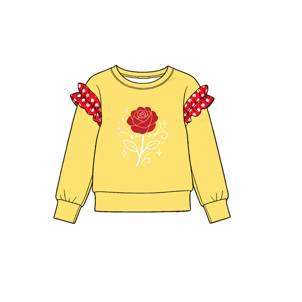 Preorder (moq 5) GT2007 Baby Girl Clothes Rose Flower Graphic Print Long Sleeve Gingham Ruffle Accent Top
