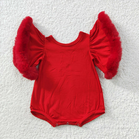 SR0412 RTS christmas flare fur fluffy  red short sleeve girl  romper 202308010