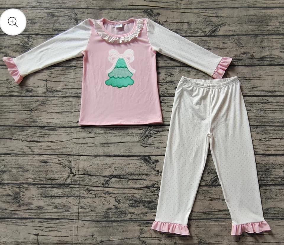 GLP1628 embroidery Christmas tree bow  girl cotton pajamas outfit 202409 RTS sibling