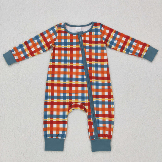LR0622 RTS western plaid long sleeve blue zip boy romper 20231010