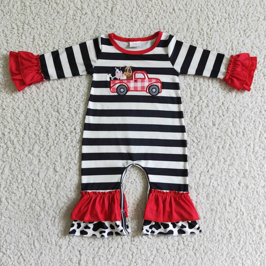 Promotion RTS LR0015 Embroidery black white stripe car truck long sleeve girls romper sibling RTS 0808