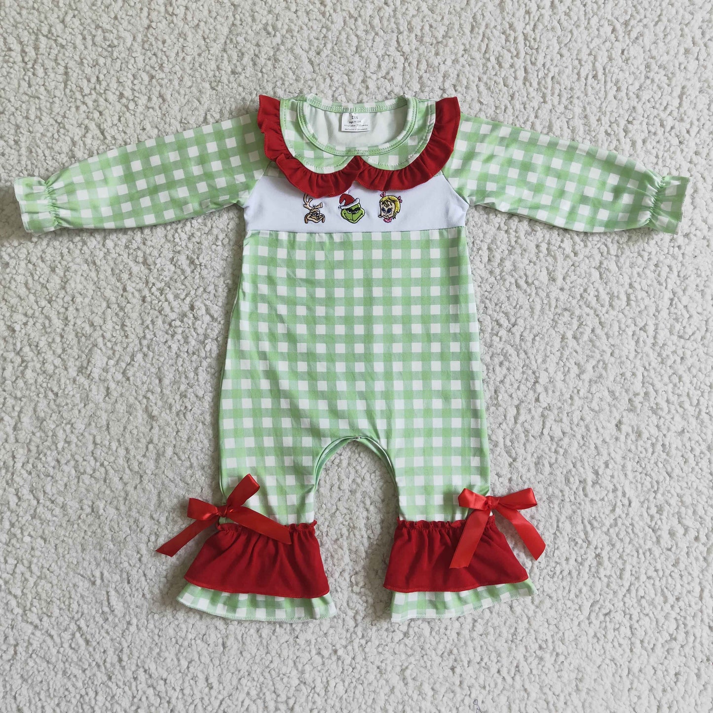 RTS 0715 Embroidery Christmas green plaid cartoon character print long sleeve red bow girl romper 20230720