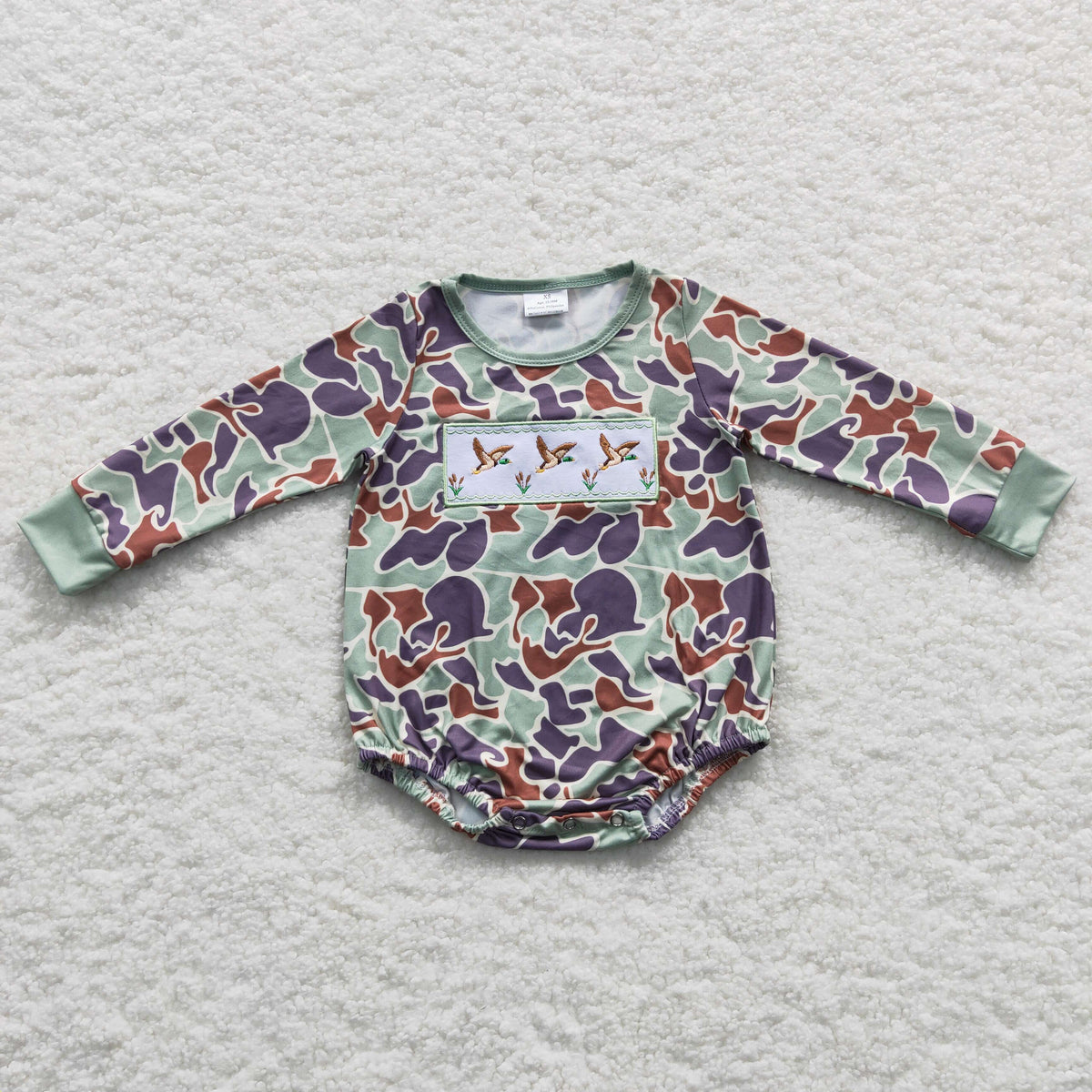 NO MOQ RTS LR0286 Baby Boy Clothes Retro Camo Duck Embroidery Print Long Sleeve Bubble Romper 202610