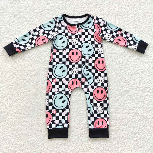 LR0304 smile face checkerboard long sleeve girl romper 20230526 RTS