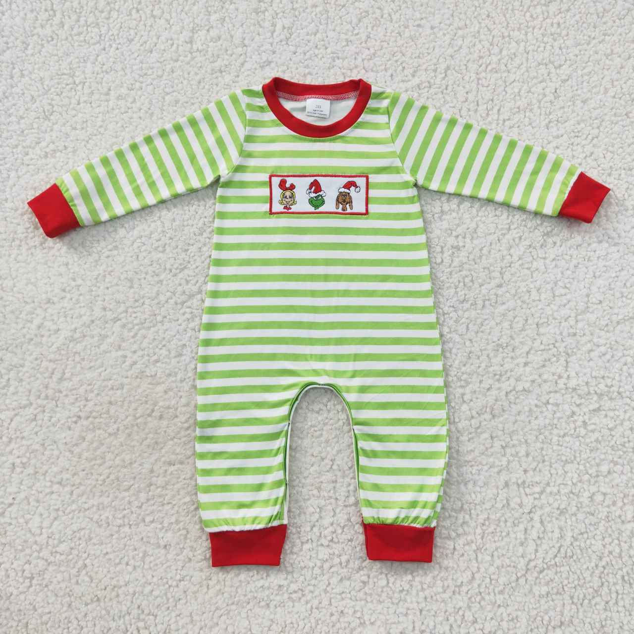 LR0388 cartoon christmas embroidery grin long sleeve green stripe girl romper 20230808 RTS