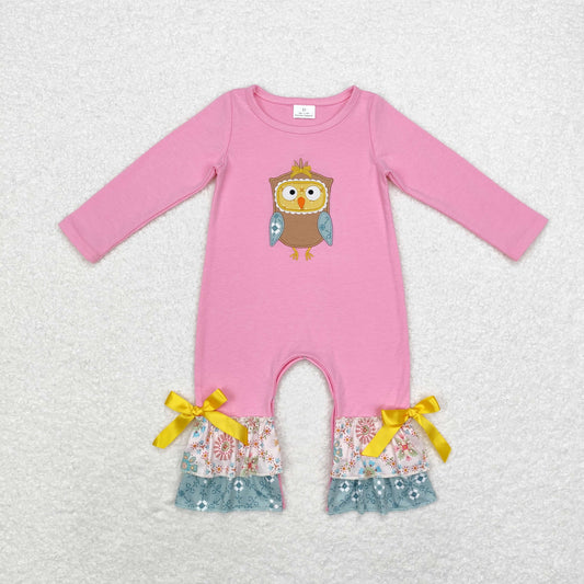 LR0494 owl embroidery sibling  girl  romper 202408 RTS