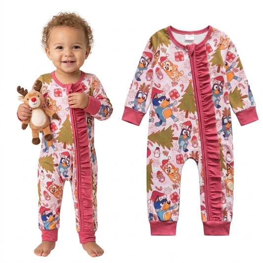 NO MOQ RTS LR0512(1) Baby Girl Clothes Christmas Cartoon Dog Mixed Print Long Sleeve Ruffle Zipper Romper 202610