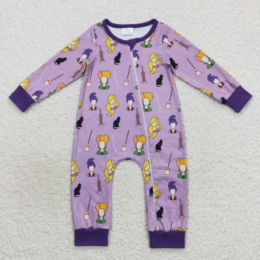 LR0514 RTS Halloween cartoon witch purple long sleeve green boy girl zipper romper 20230914