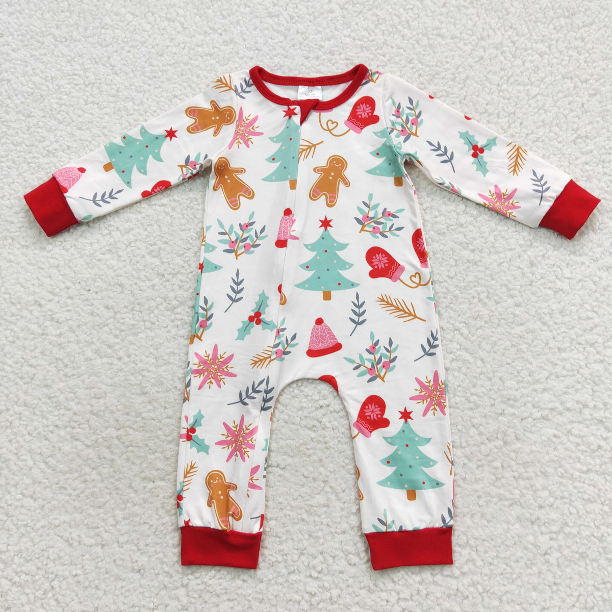 NO MOQ RTS LR0522(1) Baby Girl Clothes Christmas Gingerbread Tree Mixed Print Long Sleeve Zipper Romper 202610