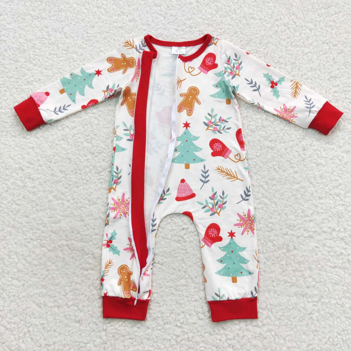 NO MOQ RTS LR0522(1) Baby Girl Clothes Christmas Gingerbread Tree Mixed Print Long Sleeve Zipper Romper 202610