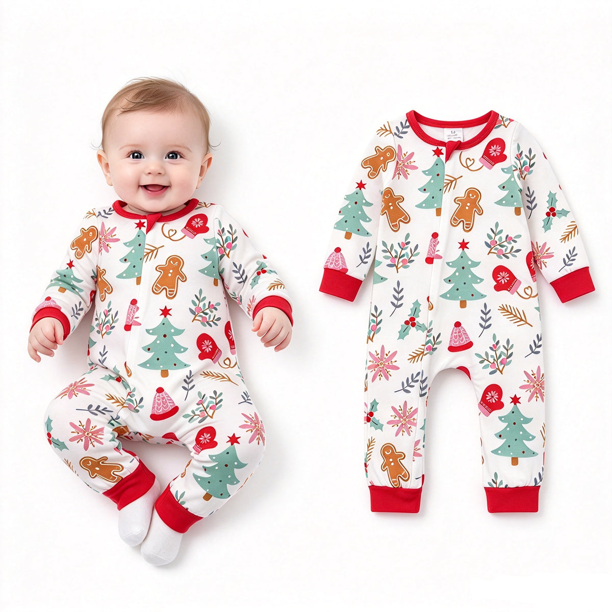 NO MOQ RTS LR0522(1) Baby Girl Clothes Christmas Gingerbread Tree Mixed Print Long Sleeve Zipper Romper 202610