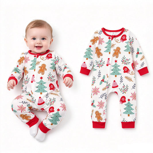 NO MOQ RTS LR0522(1) Baby Girl Clothes Christmas Gingerbread Tree Mixed Print Long Sleeve Zipper Romper 202610
