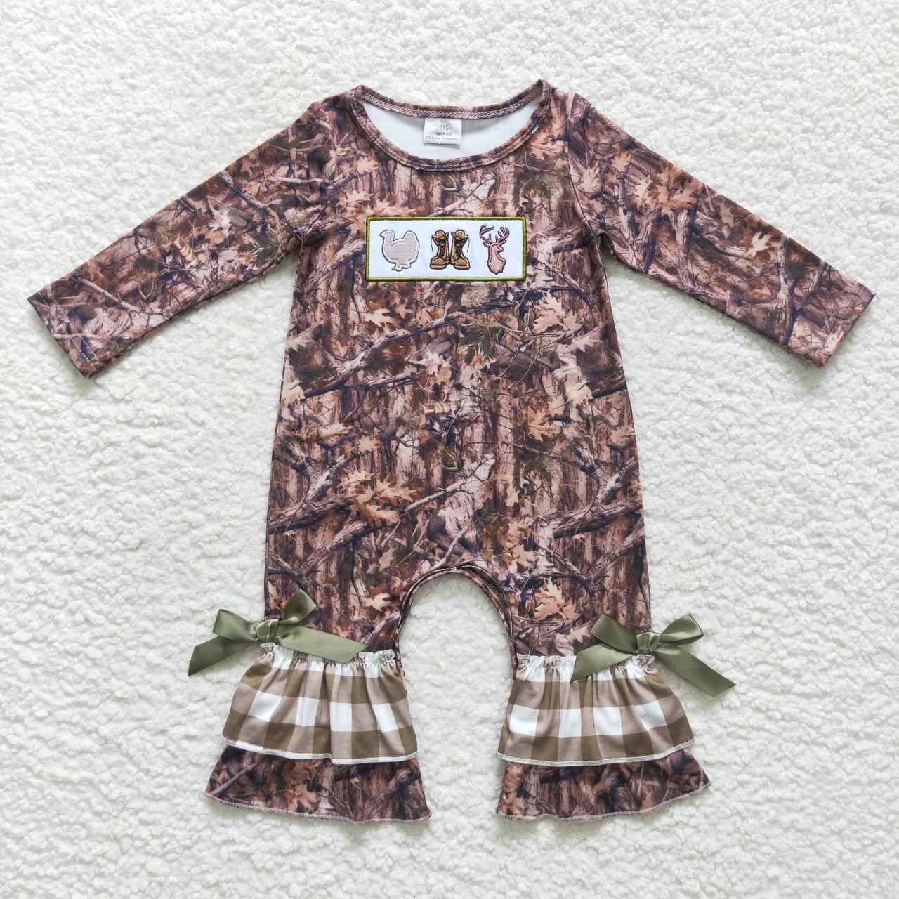 LR0526 RTS Embroidery Christmas deer boots camo long sleeve girl romper 202511