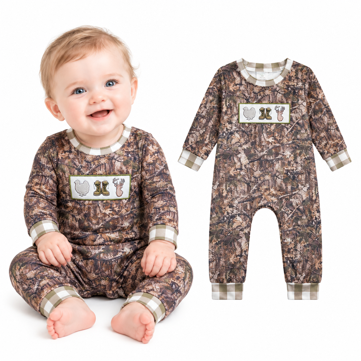 NO MOQ RTS LR0527 Baby Boy Clothes Camo Hunting Animal Embroidery Long Sleeve Romper Jumpsuit 202610