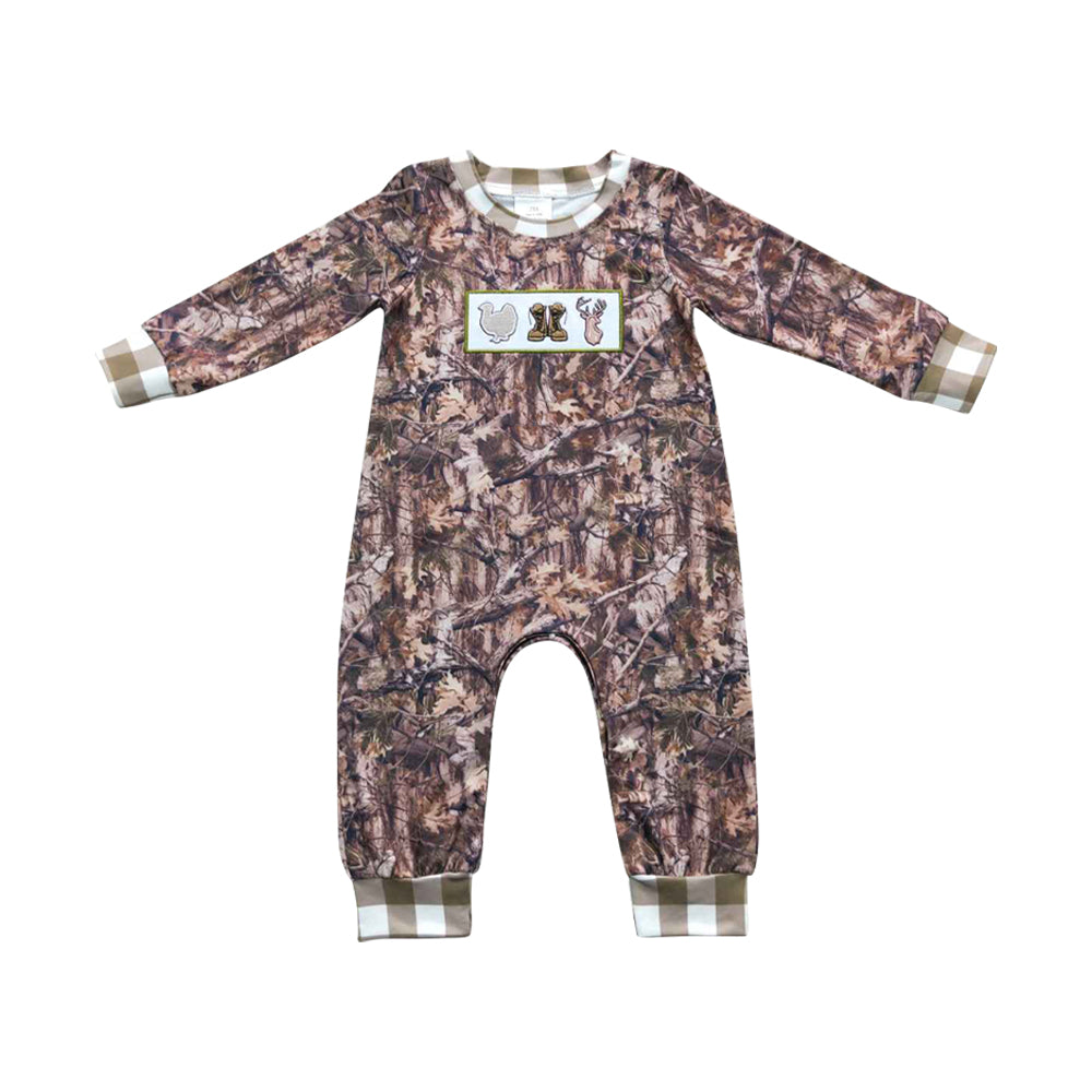 NO MOQ RTS LR0527 Baby Boy Clothes Camo Hunting Animal Embroidery Long Sleeve Romper Jumpsuit 202610