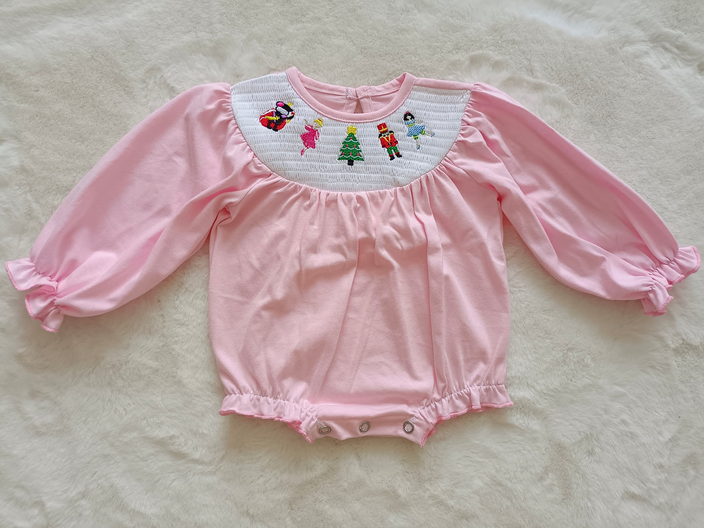 Christmas tree nutcracker long sleeve embrodiery smock pink plaid girl romper preorder 20230720